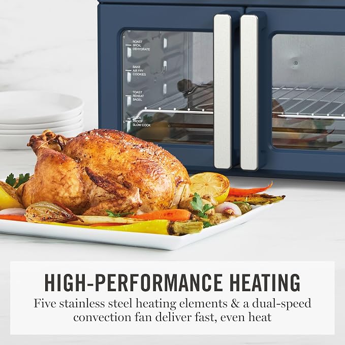 Martha Stewart French Door Air Fryer Toaster Oven Combo, 34QT Countertop Convection, 12-in-1, Bake, Broil, Roast, Fits 12” Pizza, Dehydrate, 5 Accessories, Air Fry Basket, Stainless Steel, Indigo Blue