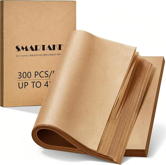 SMARTAKE 300 Pcs Parchment Paper Baking Sheets, 9x13 Inches Non-Stick Precut Baking Parchment, for Baking Grilling Air Fryer Steaming Bread Cup Cake Cookie and More (Unbleached)