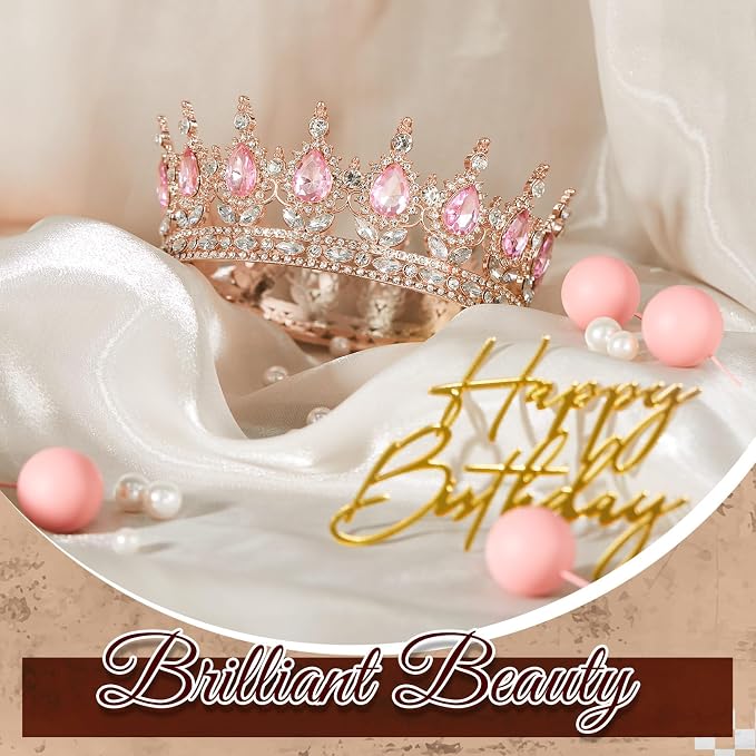 8 Pcs Pink Queen Crown Cake Topper for Women, Happy Birthday Cake Toppers Foam Balls Rhinestone Crystal Tiara Wedding Decoration for Princess Party Photo Props