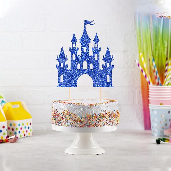 1 PCS Castle Cake Topper Glitter Princess Cake Topper Castle Theme Birthday Party Decoration Princess Happy Birthday Cake Decoration for Baby Shower Princess Birthday Party Supplies Dark Blue