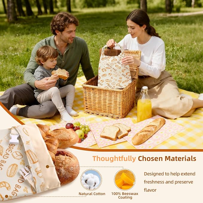 2 Pack Beeswax Bread Bags for Sourdough, XL Reusable Organic Beeswax Linen Cotton Sourdough Bag– Freezer-Friendly & Freshness Preservation, Natural Living Essential, Includes 2 Beeswax Wraps