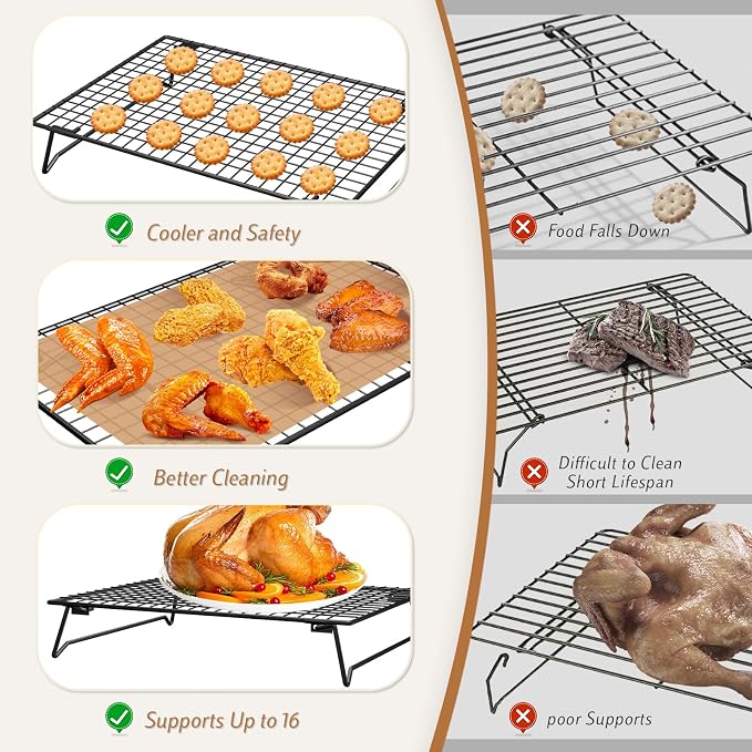 Stackable Cooling Racks 3-Tier 13.4x9.4in with 50 Parchment Papers | Heavy duty wire baking rack for cookies, bread, pizza & pastries. Collapsible for storage. Includes 7.9x11.8in sheets.