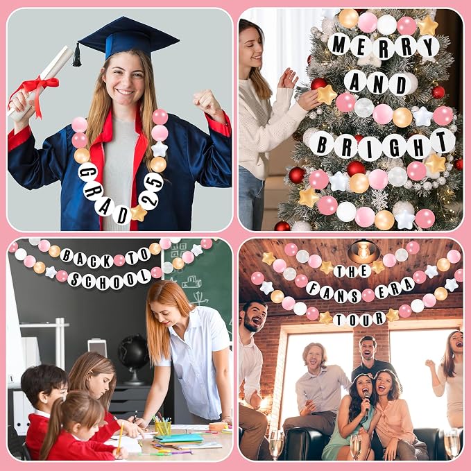 Simgoing 103 Pcs DIY Giant Friendship Bracelet Lei Kit Extra Large Beads Garland Jumbo Birthday Friendship Banner Kit Famous Singer Customizable Party Decor for Classroom(Rose and Gold)