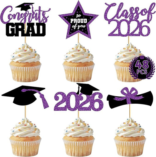 48 PCS Graduation Cupcake Toppers, 6 Styles Congrats Grad Cake Topper 2026, Graduation Decorations, Glittery Black and Purple Cap and Diploma Cake Picks for Grad Party Decor Supplies