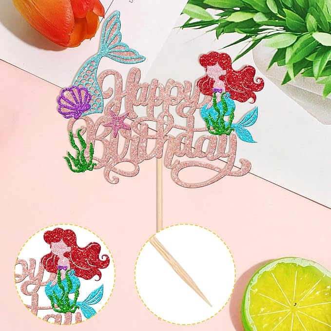 1 PCS Mermaid Cake Topper Glitter Mermaid Happy Birthday Cake Pick Starfish Seawood Seashells Mermaid Tail Cake Decoration for Under the Sea Theme Baby Shower Birthday Party Supplies Rose Gold