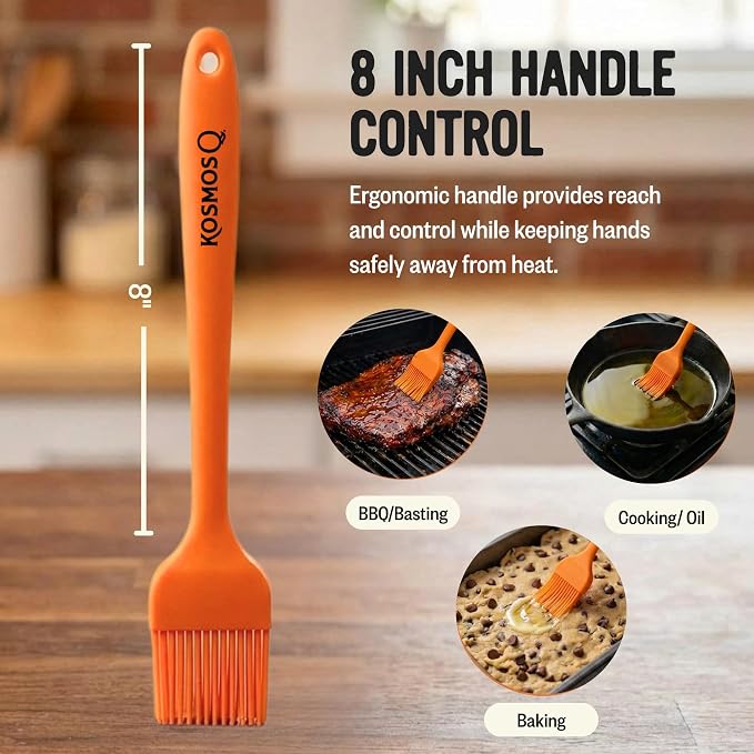 Kosmos Q Silicone Basting Brush, Heat Resistant BBQ Brush with Flexible Silicone Bristles, Non-Slip Handle for Grilling, Baking, Marinades, Sauces & Butter, Dishwasher Safe, 8 Inch