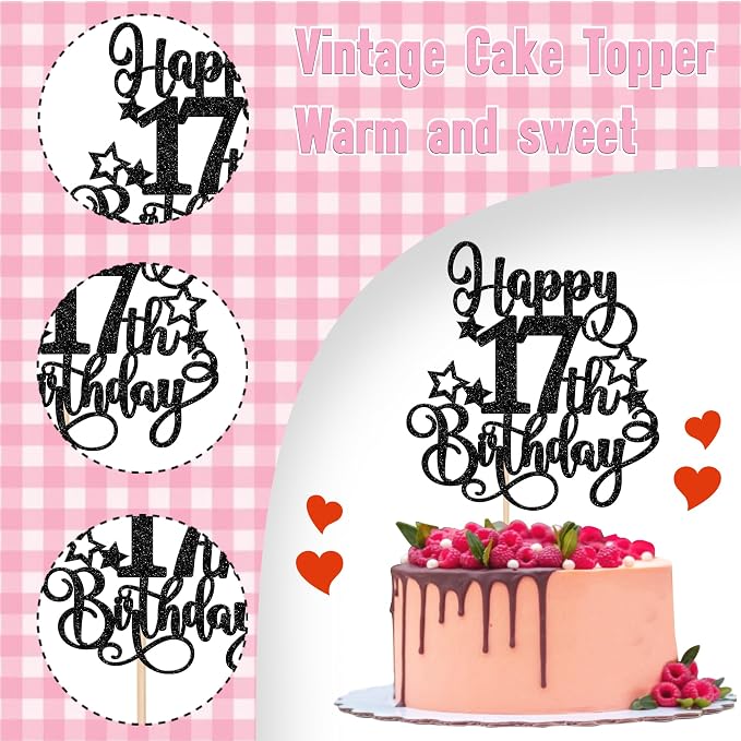 1 PCS Happy 17th Birthday Cake Topper Glitter Cheers to 17 Years Birthday Cake Pick Hello 17 Fabulous Cake Decoration for Happy 17th Birthday Anniversary Party Decorations Supplies Black