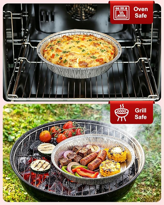 50 Pack 9 Inch Round Aluminum Pans with White Cardboard Lids - Disposable Tin Foil Pans, Food Containers for Cake Baking, Cooking, Reheating, Roasting, Storage