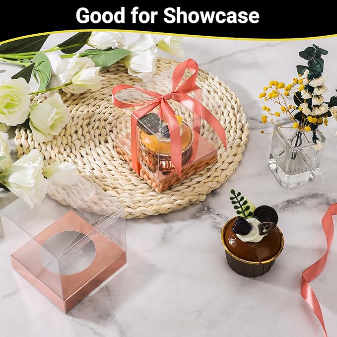 EUSOAR Disposable Cake Containers with Lids, 24pcs 3.5 Inch Rose Gold Individual Cupcake Box Containers for Cake, Plastic Cupcake Wrappers Cupcake Holder for Wedding Birthday Party Favor