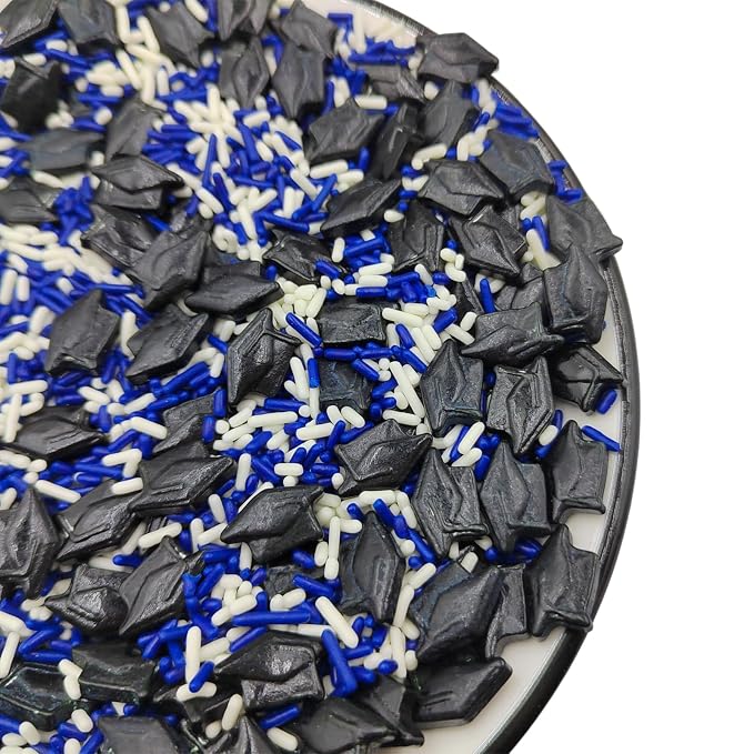 Graduation Day Sprinkles, Blue White Jimmies Sprinkles, Edible School Graduation Hat Sprinkle Candy Soft Jimmies Toppings for Ice Cream, Cupcake, Cake Decorating, Cookie, Dessert Decorating