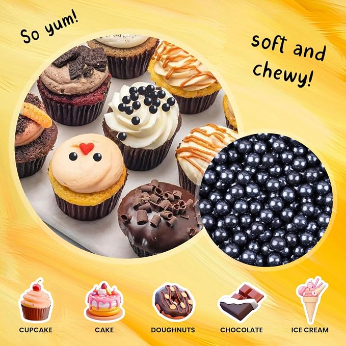Bayep Edible Pearls for Cake Decorating 7mm Black Sprinkles for Cookies, Baking, Ice Cream, Cupcake Topper Pearl Sprinkles Perfect for Wedding Party Valentines Christmas Holiday Supplies 3.52 Ounce