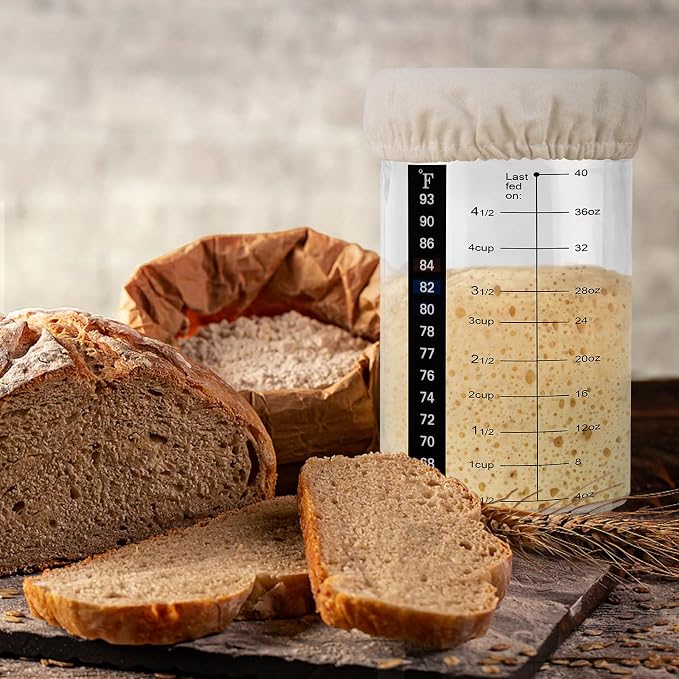 40oz/1200ml Sourdough Starter Kit – Extra Thermometer Strips and Breathable Covers Included in Sourdough Starter Jar – A Perfect Sourdough Bread Starter Kit for Beginners to Expert