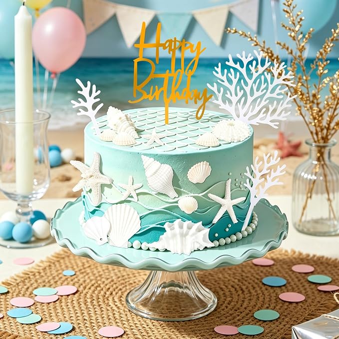 Hooqict 18Pcs Ocean Seashells Cake Decorations Set with Starfish Sea Shells Cake Toppers for Summer Happy Birthday Under the Sea Ocean Beach Birthday Party Decorations Supplies