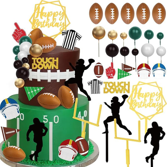 28 Pieces Football Cake Decorations Football Cake Toppers with Mini Foam Balls, Rugby Player, Touch Down, Goal Post Cupcake Toppers for Sports Themed Birthday Party Decor Game Day Party Supplies