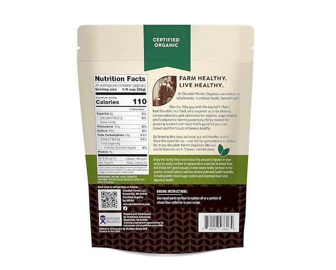 Organic Rye Flour 1.5 lb - Non-GMO, USDA Organic, Low Gluten, Vegan, For Baking, Cooking, Supports Heart Health & Digestion, USA Grown, Farmed From Regenerative Soil by a Wisconsin Family Farm