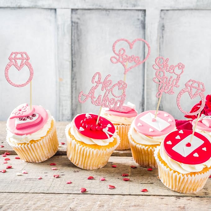 Gyufise Pink 24Pcs He Asked She Said Yes Cupcake Toppers Diamond Ring Heart Cake Picks for Wedding Engagement Party Cake Decorations