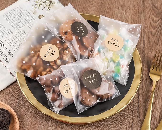 NPLUX 100PACK Self Adhesive Cookie Bags Cellophane Treat Bags Thank You for Gift Giving Candy with Stickers, Party Favor, Graduation Gift Bags(White Polka Dot,4x6 INCH)