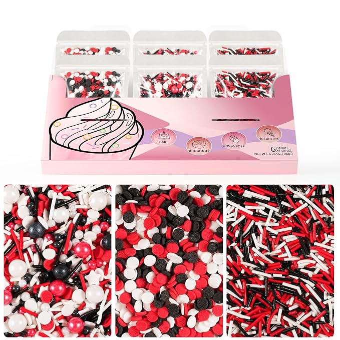 HUEBEATY Red White and Black Sprinkles for Cake Decorating and Baking, 180g | Graduation Sprinkles, Birthday Party Sprinkles for Baseball, Race Car, Casino, Hero Cakes Decoration, Cupcakes & Cookies