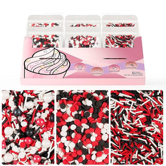 HUEBEATY Red White and Black Sprinkles for Cake Decorating and Baking, 180g | Graduation Sprinkles, Birthday Party Sprinkles for Baseball, Race Car, Casino, Hero Cakes Decoration, Cupcakes & Cookies