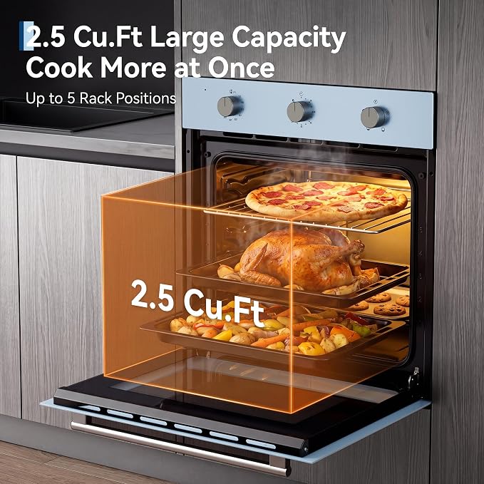 Garvee 24 Inch Single Wall Oven, 2.5 Cu.ft. Built-in Electric Oven with 4 Cooking Functions, 3000W Power, Mechanical Knob Control, Low-e Glass Door, Cooling Fan, Easy Clean Enamel Interior, White