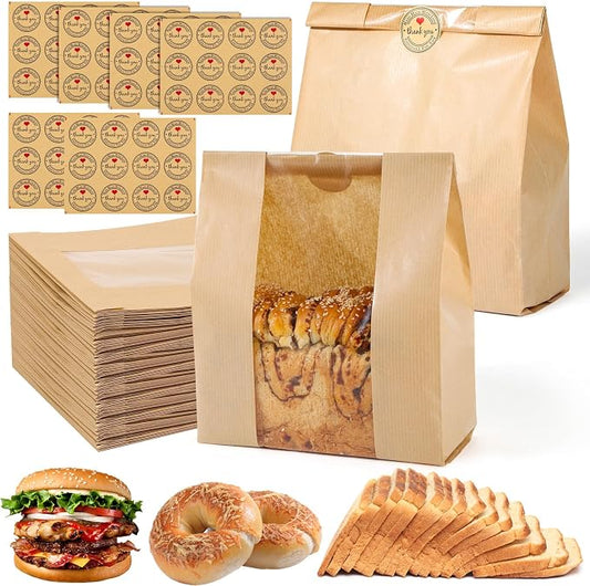 70 Pcs of Bread Bags for Homemade Bakery Bread, Sourdough Bag with Window, 13.7 x 8.3 x 3.5 Inch Large Kraft Bakery Bags with 72 Sealing Stickers, Packaging and Storage of Baked Goods