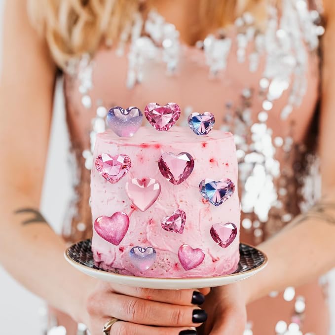 56PCS Edible Crystal Heart Cupcake Toppers Wafer Paper Pink Diamond Heart Cupcake Picks Be Mine Cake Decor for Valentine's Day Theme Engagement Party Decoration Supplies