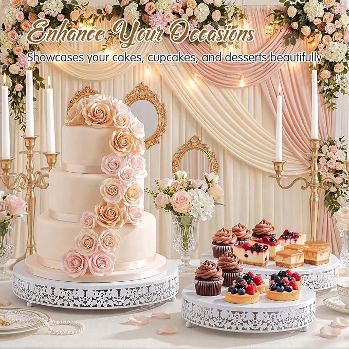 Wenqik 3 Pcs 16'' 14'' 12'' Metal White Cake Stand Round Cake Stands for Dessert Table Cookies Fruit Serving Tray Cupcake Dessert Pastry Riser for Wedding Birthday Party and Events (Traditional Style)