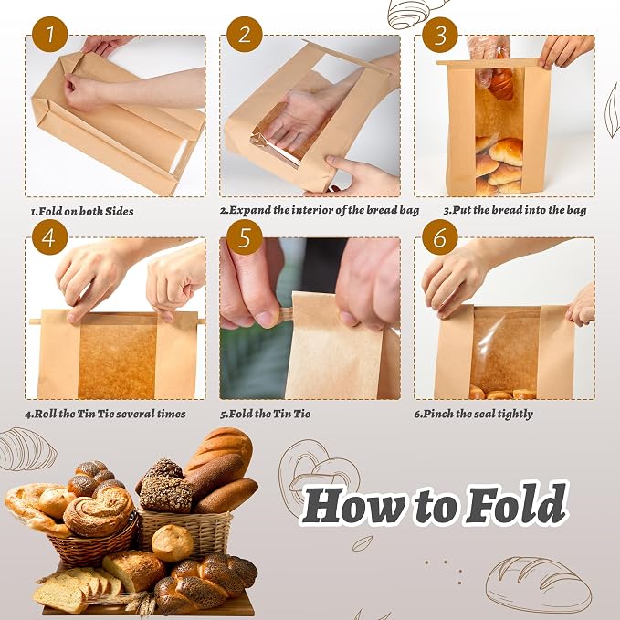 NPLUX 25 Pack Sourdough Bread Bags for Homemade Bread with Tin Tie Tab Lock Bakery Bags with Window kraft Bag for Toast Sandwich Cookie Snacks, Graduation Gift Bags(8.27x13.6x3.54In)