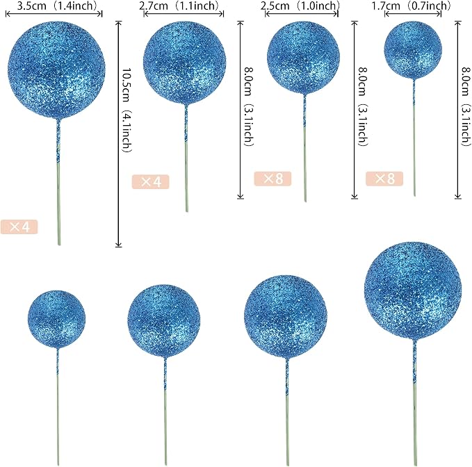 24 PCS Ball Cake Toppers Glitter Balls Cupcake Toppers Foam Ball Shaped Cake Picks DIY Balloons Cake Insert Topper for Wedding Enagement Baby Shower Birthday Party Cake Decorations Supplies Blue