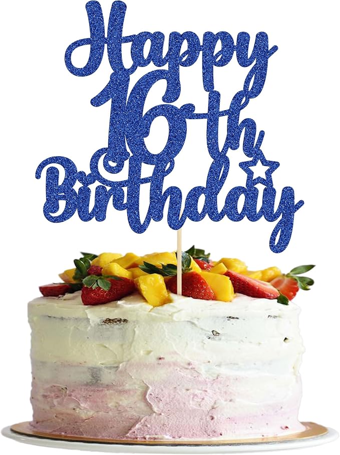 Gyufise 1Pc Happy 16th Birthday Cake Topper Blue Glitter 16 & Fabulous Sweet 16 Birthday Cake Pick for Celebrating 16th Birthday Anniversary Party Cake Decorations Supplies