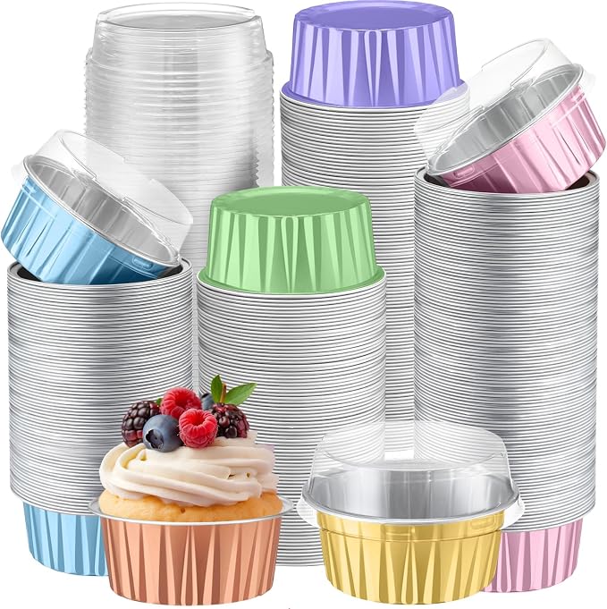 200 Pack Aluminum Foil Cupcake Liners with Lids, 5 oz Round Baking Cup, Disposable Ramekin Container for Graduation Wedding Independence Day Party(Macaron Color,Plain)