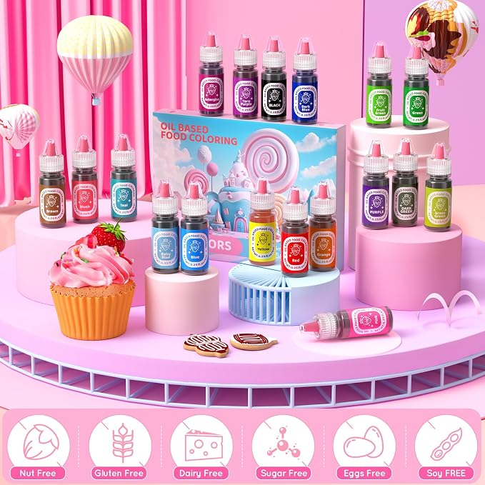 Upgraded 18 Color Oil Based Food Dye Coloring for Chocolate Candy Cake - Edible Food Coloring for Cake Decorating Baking Cake Color for Cookie Icing Frosting Fondant Meringues Bottles (L)