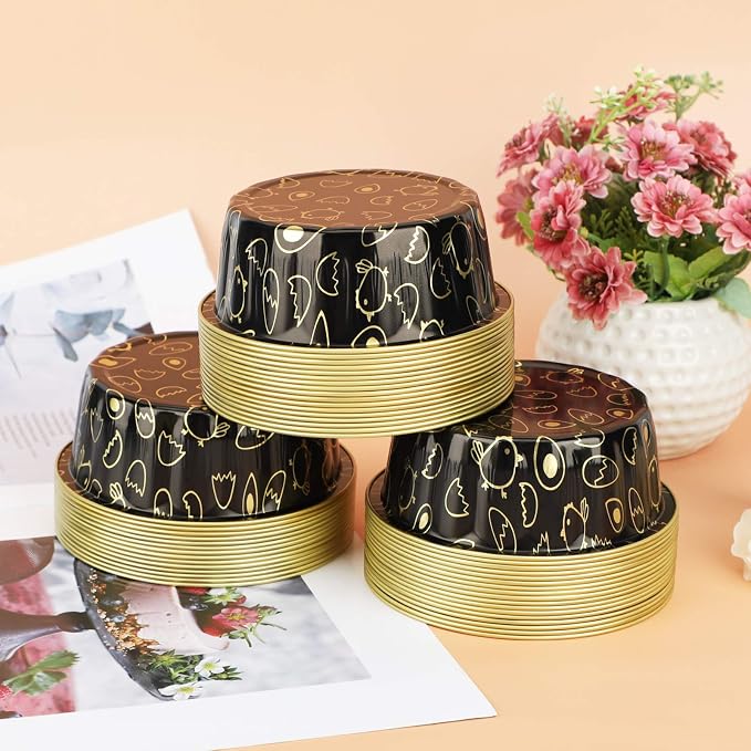 Beasea 8oz Disposable Cupcake Cups with Lids, 50 Pack Ramekins Foil Cupcake Cups Black Gold Aluminum Foil Cups Creme Brulee Muffin Cupcake Baking Cup Mini Pudding Cake Tins for Party Wedding Birthday
