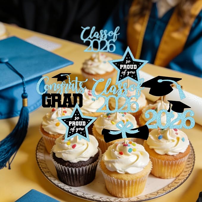 48 PCS Graduation Cupcake Toppers 2026, 6 Styles Grad Cupcake Toppers, Glittery Congrats Graduation Decor, Black and Sky Blue Cap and Diploma Cake Picks for Grad Decorations Party Supplies