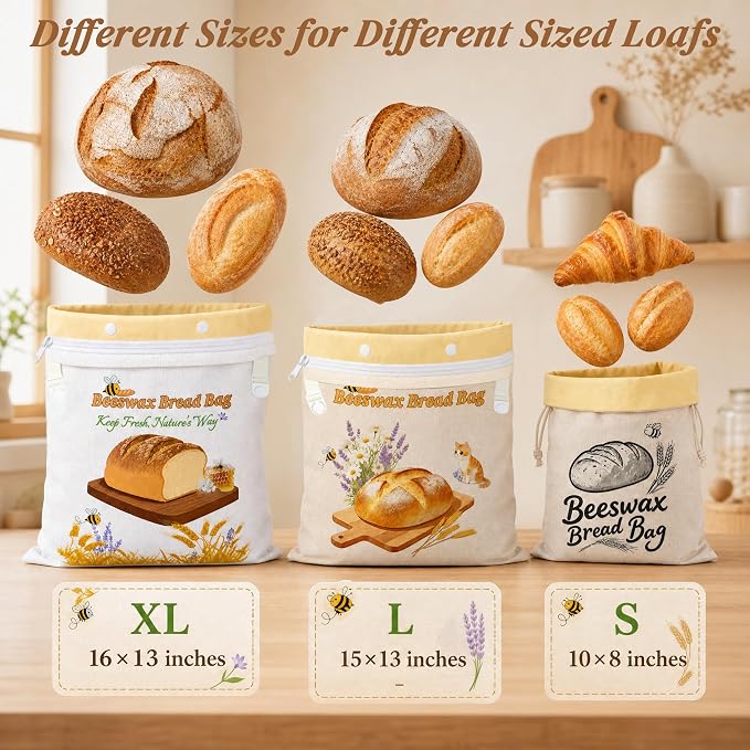 Removable Beeswax Bread Bags for Sourdough 3 Pack, Natural Bees Wax Organic Cotton Linen Bread Bag with Zipper,XL+L+S,Reusable Eco-Friendly Fresh Homemade Loaf Keeper, Gift for Bakers