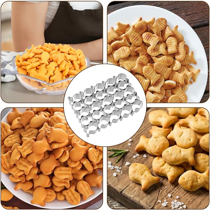 Goldfish Cutter, 25 Cavity Stainless Steel Cavity Fish Mini Cookie Cutters with Cleaning Brush for Crackers Non-Stick Dough