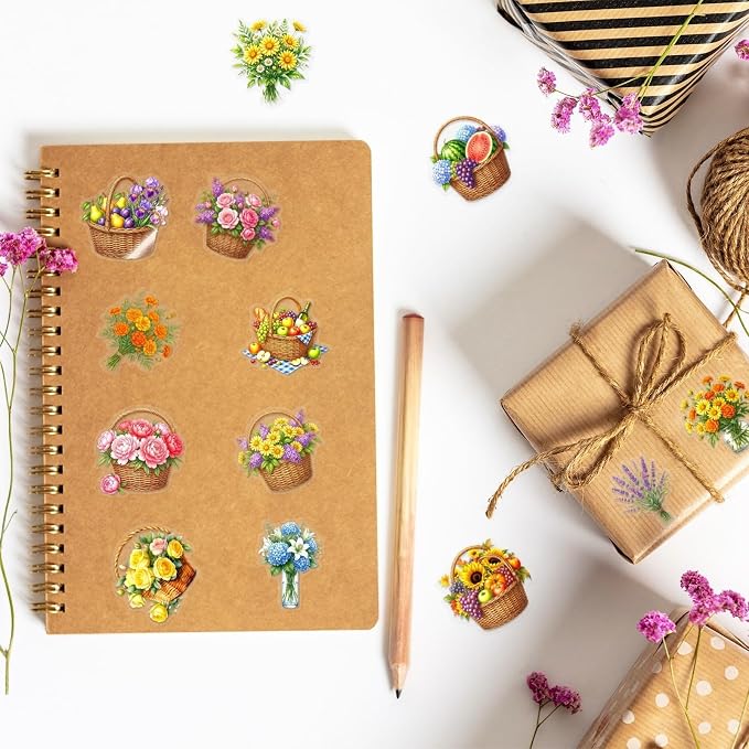 50 pcs Watercolor Flower Fruit Basket Clear PET Stickers, Colorful Rose Sunflower Floral Food Transparent Die-Cut Decals, Waterproof Stickers for Journal Scrapbook Planner Cottage DIY Decor