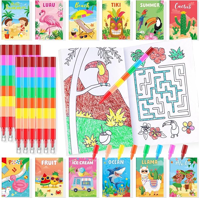 BenLouis 24 Summer Mini Coloring Books Kids with 24 Stacking Crayons Beach Pool Party Favors Activity Books Bulk for Kids Summer Birthday Goodie Bag Gift Stuffer Classroom Reward