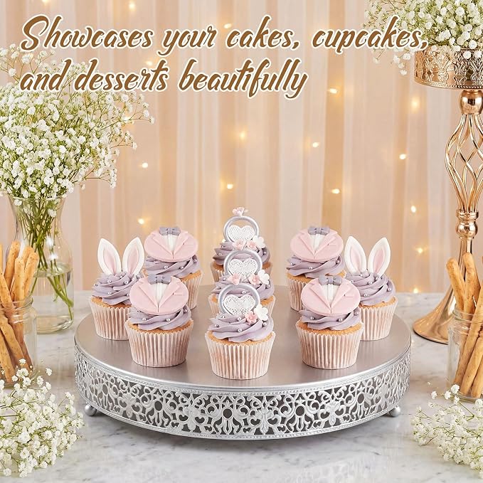Wenqik 16 Inch Silver Cake Stand Set Metal Round Cupcake Dessert Stand with Cake Cutting, Spatula Wedding Cupcake Pastry Display Candy Holder Display for Wedding Party Birthday Baby Shower(Classic)
