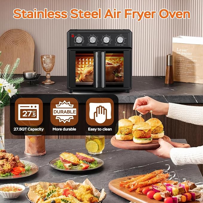 PlumChef 27.5 Quart Air Fryer Convection Toaster Oven, Black | Extra Large, 6 Slices, French Door, 1700W, Multifunction: Air Fryer, Toast, Grill, Defrost, Bake