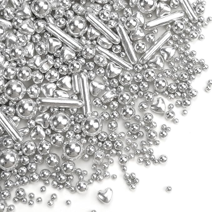 Edible Silver Heart Sprinkles, 130g/4.58oz, Silver Pearl Sprinkles For Cake Decorating, Edible Silver Cake Decorations, Birthday Party Supplies