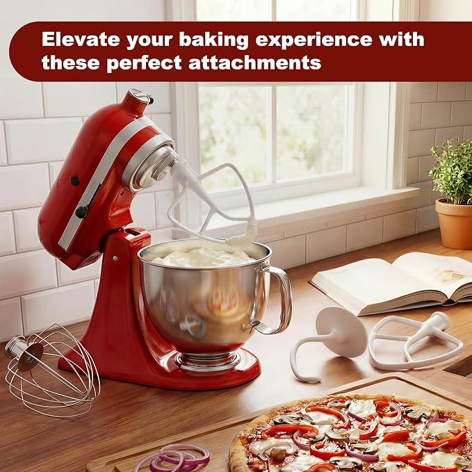 Mixer Attachments for KitchenAid 4.5-5 Qt Tilt-Head Stand Mixer, Dishwasher Safe Set with Wire Whip, Dough Hook and Flat Beater, Heavy Duty Replacement Accessories for Baking