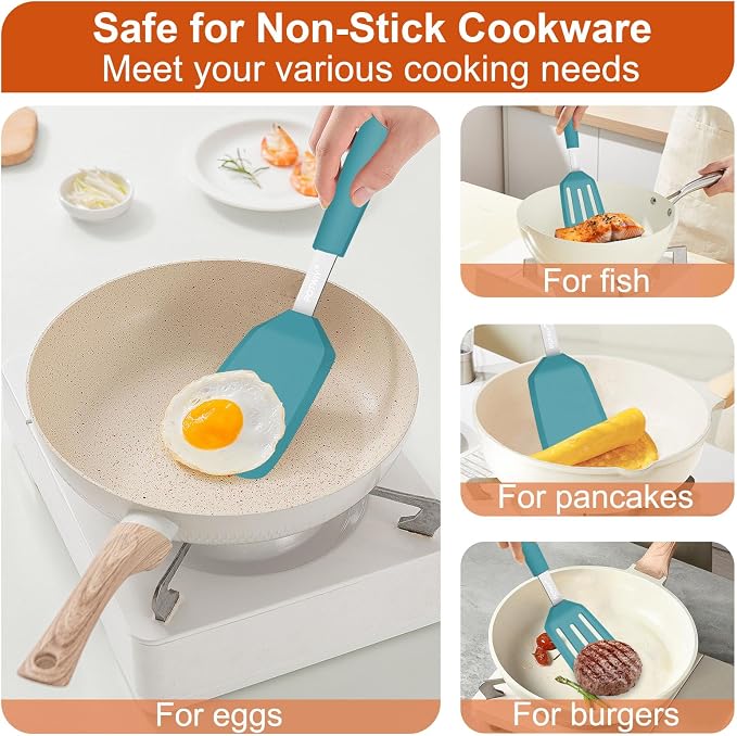 2 Pack Silicone Kitchen Spatula Set, 600°F Heat Resistant (Blue) | BPA Free, Solid & Slotted Turner, Non-Toxic Cooking Utensils, Safe for Non Stick Frying Pan, Dishwasher Safe