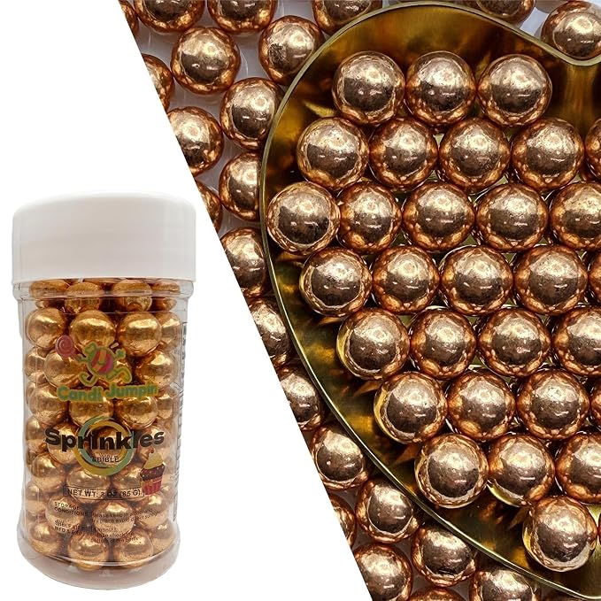 CandiJumpin 10mm Large Rose Gold Edible Pearls, Rose Gold Pearl Sprinkles for Cake Decorating Large Sugar Pearls Edible Cake Decorations Pearl Sugar Sprinkles Cupcake Toppers Baby Shower Party Birthday Wedding Christmas Supplies 3 OZ