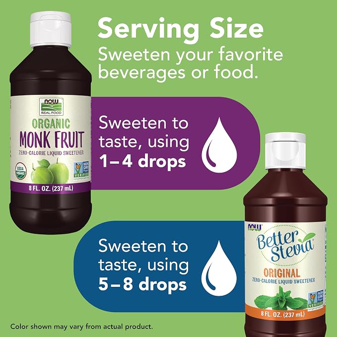 Bundle of NOW Foods, Certified Organic Monk Fruit Liquid + BetterStevia Original Zero-Calorie Liquid Sweetener, Non-GMO, Low Glycemic Impact, Gluten Free, Keto Friendly, Sugar Alternative, 8-ounce