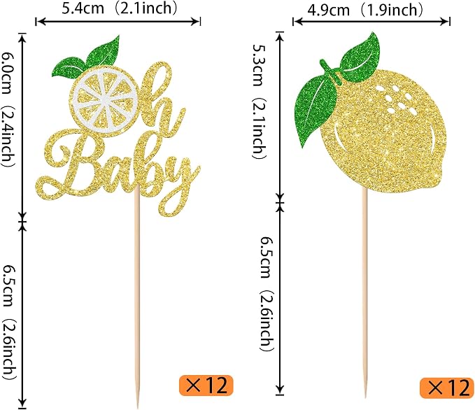 Rsstarxi 24 Pack Lemon Oh Baby Cupcake Toppers Gold Glitter Fruit Theme Oh Baby Lemonade Cupcake Picks for Lemon Theme Baby Shower Kids Birthday Party Cake Decorations Supplies