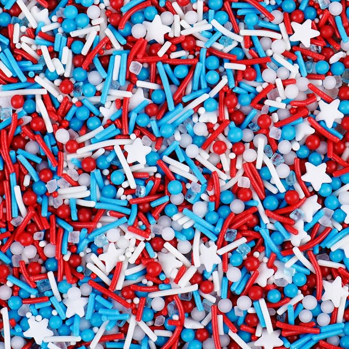 Red White and Blue Sprinkles, Patriotic Jimmies Nonpareils White Star Sprinkle Mix, 4.6oz Edible 4th of July Sprinkles for Baking, Ice Cream, Cookies, Cupcake Toppings