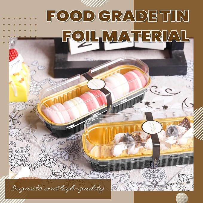 Loaf Pans with Lids, 50 Pack Black Gold 6.8oz for Dessert Tables | Suitable for mini breads, tart portions, dips and sweets; add the cover only after contents cool.