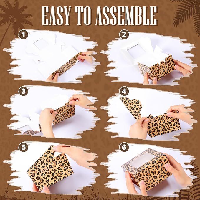 50 Pack Leopard Print Cookie Boxes with Window, Small Bakery Treat Boxes for Pastry Donuts Macaroon Cupcakes, Safari Birthday Wild Themed Party Baby Shower Favors