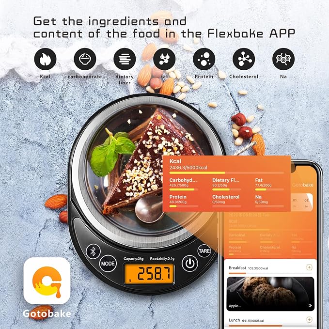UNIWEIGH Smart Digital Food Scale Grams and Ounces Kitchen Scale 0.1g/3kg | Scale with Nutritional Calculator,Food Weight Scale for Weight Loss,Keto, Macro,Calorie,Meal Prep,6 units,LCD display
